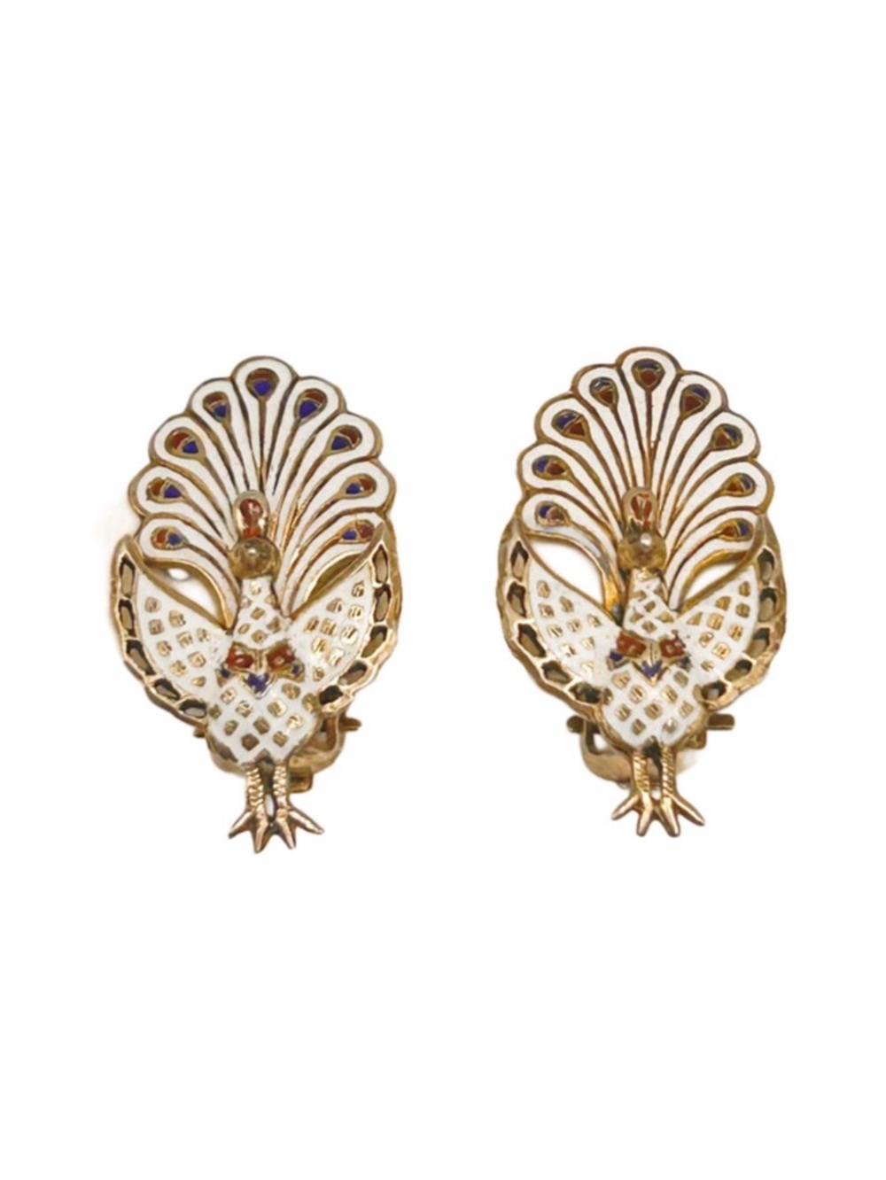 Vintage Signed SIAM Sterling & White Enamel Nielloware Peacock Bird Earrings
